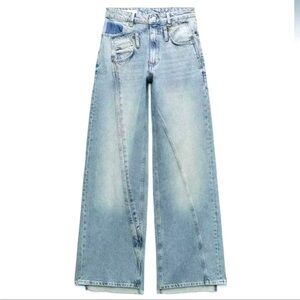 ZARA TRF WIDE LEG DOUBLE WAISTBAND DECONSTRUCTED JEANS